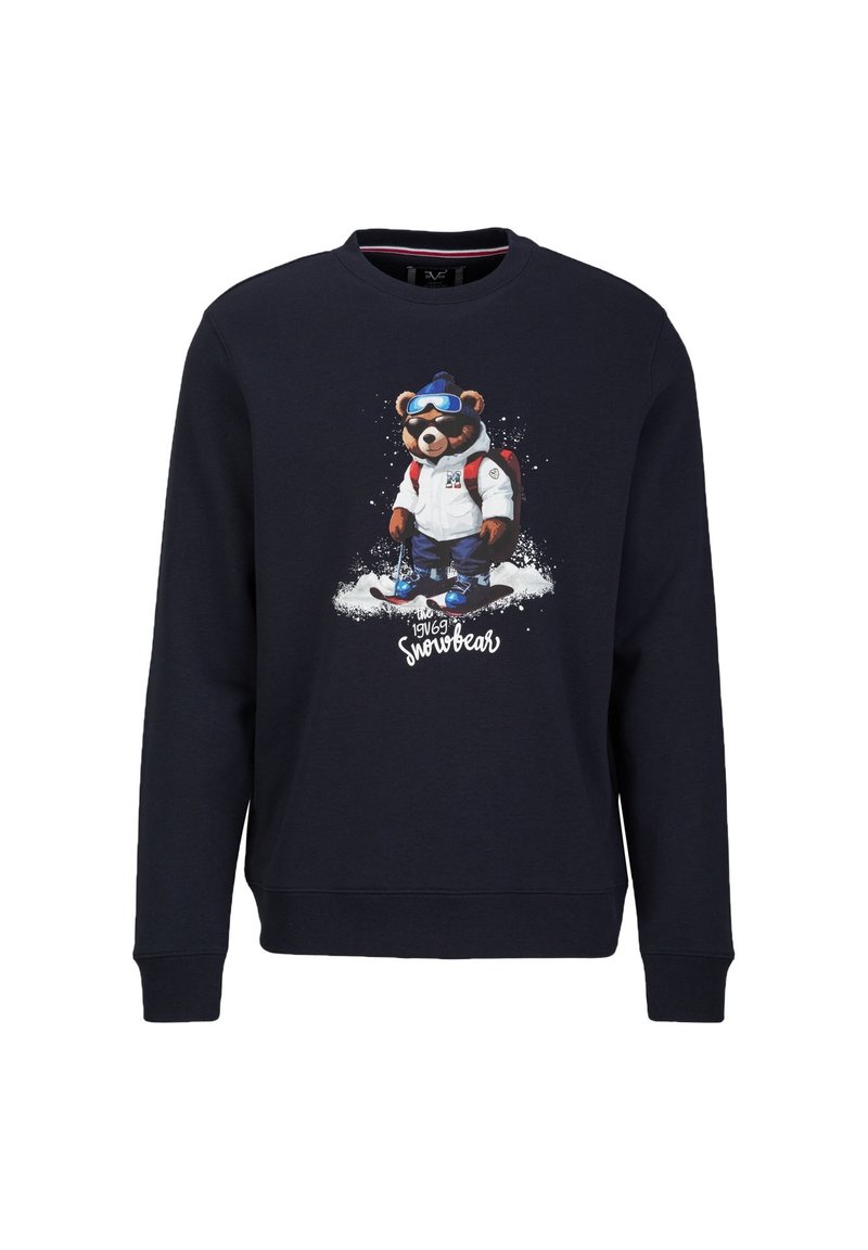Marinefarbener Pullover mit einem Grafikdesign eines Bären in Skiausrüstung, mit Skibrille und Rucksack, der im Schnee steht, mit dem Text "1969 Snowbear" darunter.