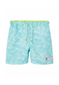 Aqua blauwe zwemshorts met een waterachtig patroon, elastische tailleband, verstelbare trekkoord en een klein zwart-wit merkembleem.