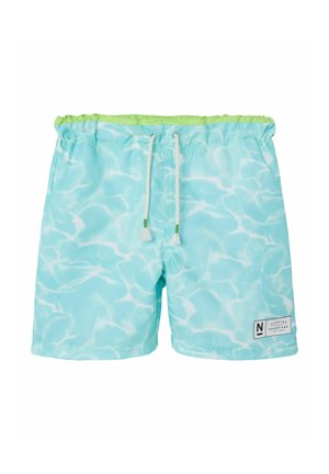 Aqua blauwe zwemshorts met een waterachtig patroon, elastische tailleband, verstelbare trekkoord en een klein zwart-wit merkembleem.