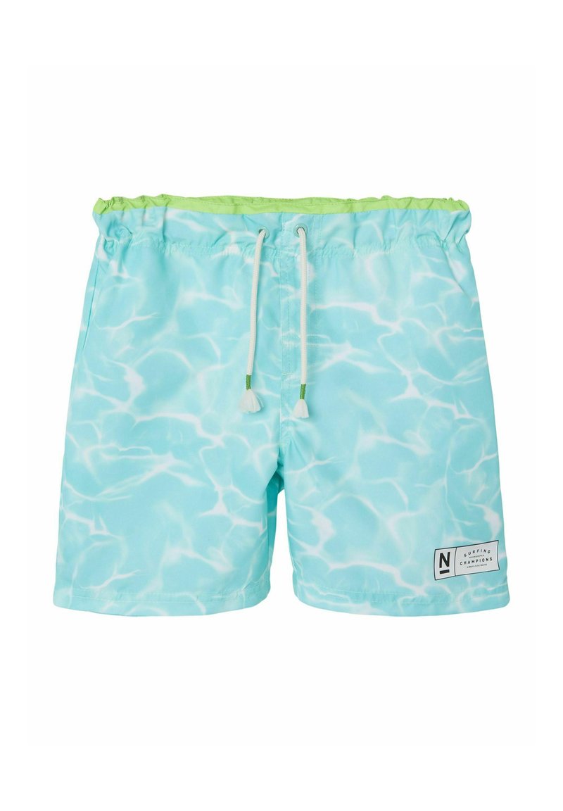 Aqua blauwe zwemshorts met een waterachtig patroon, elastische tailleband, verstelbare trekkoord en een klein zwart-wit merkembleem.