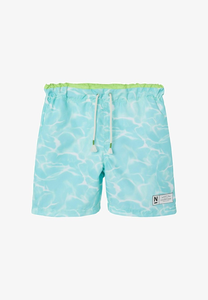 Aqua blauwe zwemshorts met een waterachtig patroon, elastische tailleband, verstelbare trekkoord en een klein zwart-wit merkembleem.