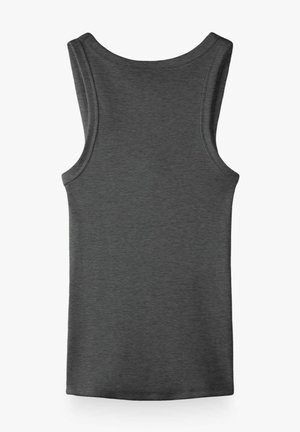 Dunkelgraues ärmelloses, geripptes Tanktop mit rundem Ausschnitt und schmaler Passform, von hinten auf weißem Hintergrund gezeigt.
