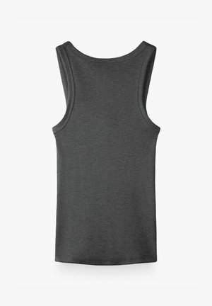 Dunkelgraues ärmelloses, geripptes Tanktop mit rundem Ausschnitt und schmaler Passform, von hinten auf weißem Hintergrund gezeigt.
