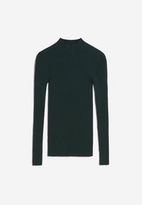 Maglione a collo alto a coste di colore verde scuro. Maniche lunghe, silhouette aderente, realizzato in tessuto testurizzato, design minimalista, senza decorazioni.