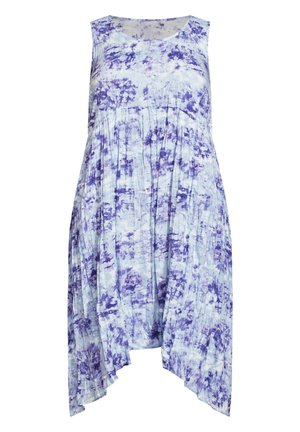 Robe sans manches, coupe ample avec un ourlet asymétrique présentant un motif abstrait en aquarelle bleu et blanc.