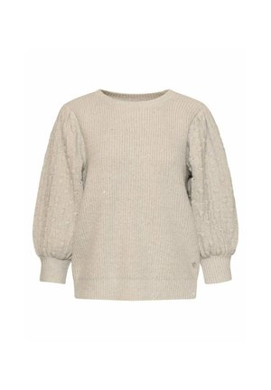 Licht beige gebreide trui met gestructureerde pofmouwen en geribbelde manchetten en zoom.