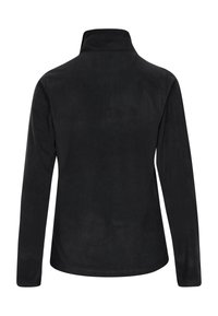 Zwarte fleece long-sleeve top met een hoge kraag, een gladde textuur en een gebogen zoom. Geen zichtbare merknaam of patronen.