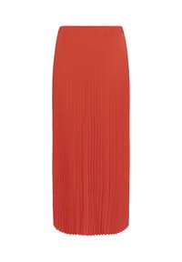 Sarkans pleitots vidusgaruma svārki ar elastīgu jostu, taisnu siluetu un vertikālām krokām.