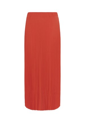 Jupe midi plissée rouge avec taille élastique, silhouette droite et plis verticaux.