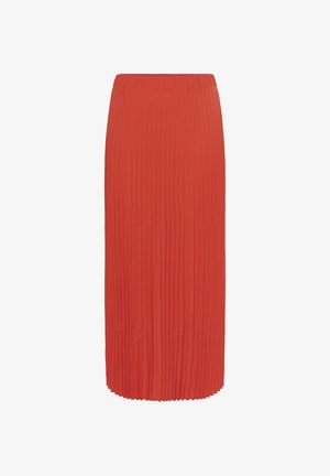 Sarkans pleitots vidusgaruma svārki ar elastīgu jostu, taisnu siluetu un vertikālām krokām.