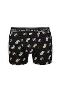 Czarne bokserki z powtarzającym się wzorem beżowych kontrolerów do gier i dysków, z elastycznym paskiem w markowym stylu.