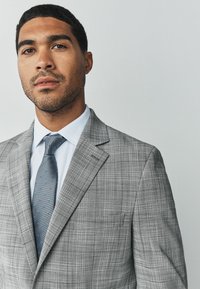 Chaqueta de traje a cuadros gris claro con solapa muestrera. Lleva puesta una camisa azul clara, combinada con una corbata gris con pequeños puntos azules y rosas.