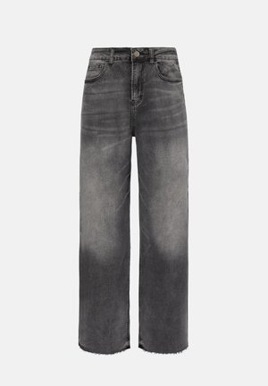 Sorte denimjeans med straight fit, høj talje, frontknapper og lynlås, lommer foran og bagpå samt rå kantdetaljer.