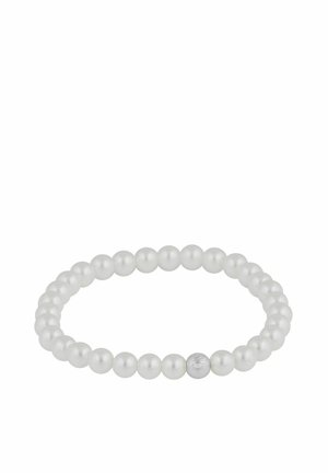 White pearl beaded bracelet with one silver bead engraved with a logo, arranged in a circular shape on a white background.
