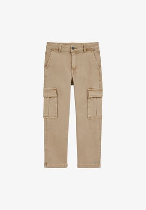 Bež hlače cargo iz bombaža z več žepi, z zadrgo in ravnimi hlačnicami s šivanimi šivi.