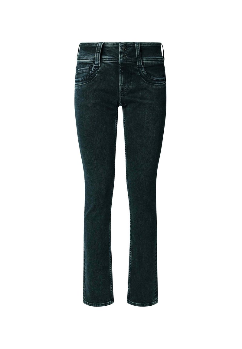 Dunkelgrüne Denim-Jeans mit schmalem Schnitt, hoher Taille und fünf Taschen. Mit einem Reißverschluss und Knopfverschluss sowie dezenten Steppnähten.