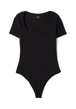 Zwart bodysuit met korte mouwen, ronde hals en drukknoopsluiting bij het kruis, plat weergegeven op een witte achtergrond.