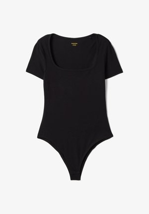 Zwart bodysuit met korte mouwen, ronde hals en drukknoopsluiting bij het kruis, plat weergegeven op een witte achtergrond.