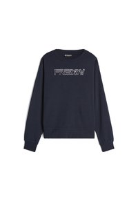 Námořnická modrá mikina s dlouhými rukávy, žebrovanými manžetami a spodním lemem, s bílým vyšívaným logem "FREDDY" na přední straně. Měkký bavlněný materiál.