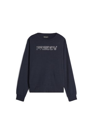 Navyblaues Sweatshirt mit langen Ärmeln, gerippten Bündchen und Saum, mit weißem gesticktem "FREDDY"-Logo auf der Vorderseite. Weiches Baumwollmaterial.