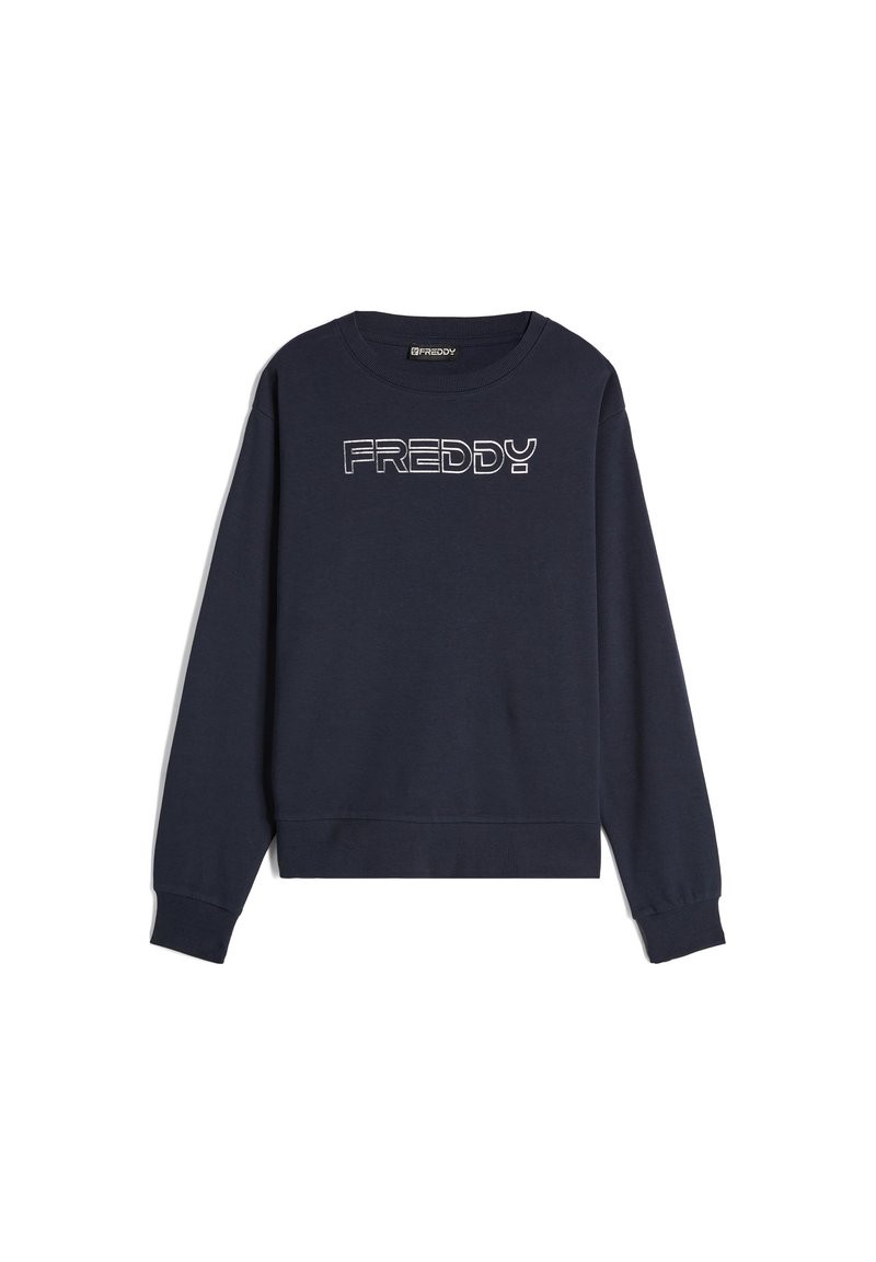 Námořnická modrá mikina s dlouhými rukávy, žebrovanými manžetami a spodním lemem, s bílým vyšívaným logem "FREDDY" na přední straně. Měkký bavlněný materiál.