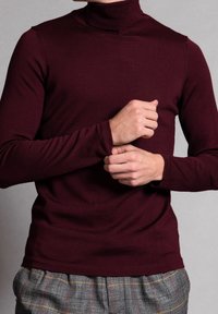 Burgundowy sweter z długim rękawem i golfem, wykonany z prążkowanej tkaniny. Dopasowany krój o gładkiej fakturze i minimalnej ilości szwów.