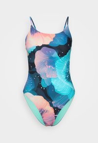 Maillot de bain avec un imprimé floral pastel en rose et bleu sur un fond sombre, présentant des bretelles fines et un bas vert menthe uni en accent.