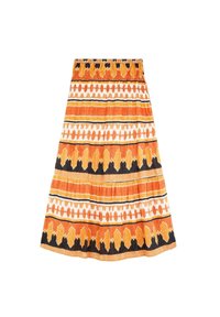 Jupe en coton orange avec des rayures horizontales de différentes nuances, agrémentée d'accents noirs et blancs et d'un design plissé. Taille élastique.