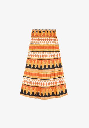 Oranger Baumwollrock mit horizontalen Streifen in verschiedenen Farbtönen, mit schwarz-weißen Akzenten und einem gefältelten Design. Gummibund.