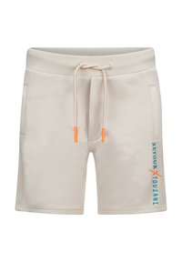Beige short met een zachte stof, voorzien van een elastische tailleband met trekkoord, oranje accenten en een bedrukte logo in teal.