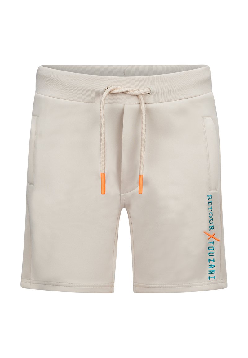 Beige short met een zachte stof, voorzien van een elastische tailleband met trekkoord, oranje accenten en een bedrukte logo in teal.