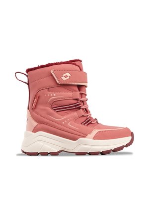 Pink high-top winter boot with thick white sole, lace-up front, Velcro strap, padded ankle, and fabric loop pull tab at the back.