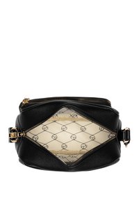 Borsa in pelle nera con apertura con cerniera, caratterizzata da un design geometrico. L'interno ha una fodera stampata di colore chiaro. Accenti in hardware dorato.