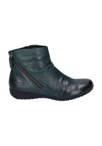 Green leather ankle boot with a tapered design, side zipper, textured finish, and black rubber sole. Features minimal branding on the heel.