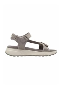 Gray suede sandal with adjustable straps, cushioned midsole, rubber outsole, and textured detailing, designed for comfort and support.