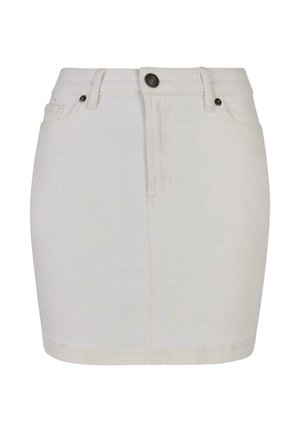 Bela mini jeans krilo z visokim pasom, sprednjimi gumbi in zadrgo, pasnimi zankami ter dvema sprednjima žepoma.