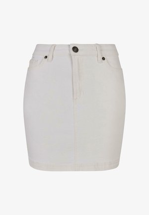 Bela mini jeans krilo z visokim pasom, sprednjimi gumbi in zadrgo, pasnimi zankami ter dvema sprednjima žepoma.