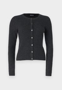 Cardigan côtelé gris foncé à manches longues, col rond, avec six boutons sur le devant. Le tissu semble doux avec une finition texturée.