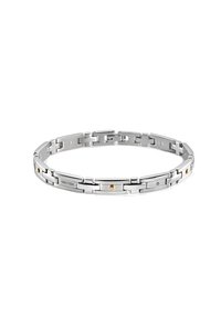 Bracciale in argento con anelli metallici intrecciati, con una finitura liscia. Piccole accenti dorati e un logo inciso su un anello.