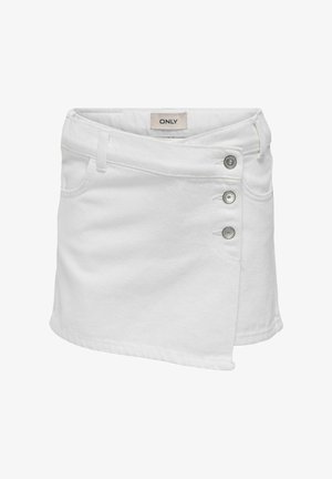 Bijela traper mini suknja s prekriženim dizajnom, četiri džepa i tri srebrna dugmeta s poklopcem na strani za zatvaranje.