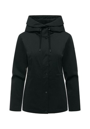 Giacca nera con cappuccio, chiusura frontale con bottoni e coulisse regolabile, maniche lunghe e morbida fodera interna.