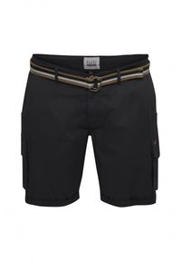 Svarte cargo-shorts med et vevd belte med stripete detaljer. Shortsene har sidelommer og glidelåsåpning.