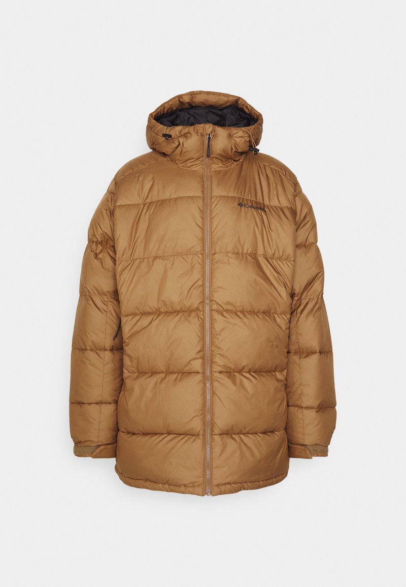 Brązowa kurtka puchowa z kapturem, z zapięciem na zamek błyskawiczny, pikowanym wzorem i elastycznymi mankietami. Materiał wydaje się gładki i izolowany.