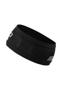 Black athletic headband made from stretchy fabric. Features a smooth texture and reflective logo with a grid pattern on the side.