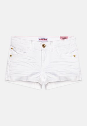 Białe szorty dżinsowe z złotym guzikiem i dodatkami. Posiadają metkę VINGINO i różową krótką metkę. Przednia część ze zniszczonym efektem.