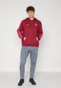 Maroon hoodie with a logo and three yellow stars, red striped sleeves, paired with gray sweatpants, featuring white side stripes. Black shoes.