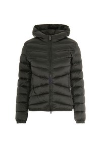 Černá péřová bunda s předním zipem a kapucí. Obsahuje prošívané švy, elastické manžety a hladký, lesklý povrch.