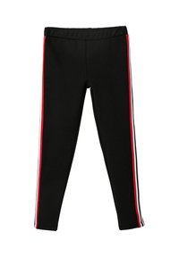 Leggings negros con cintura elástica, que presentan rayas verticales rojas y blancas a lo largo de los lados exteriores de las piernas.