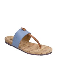 Blue synthetic flip-flop with tan leather strap; natural cork footbed with textured pattern; reinforced edge with colorful accent.