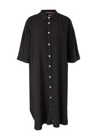 Czarna sukienka w paski z guzikami z przodu, krótkimi podwiniętymi rękawami i luźnym krojem. Wykonana z lekkiego materiału o gładkiej fakturze.